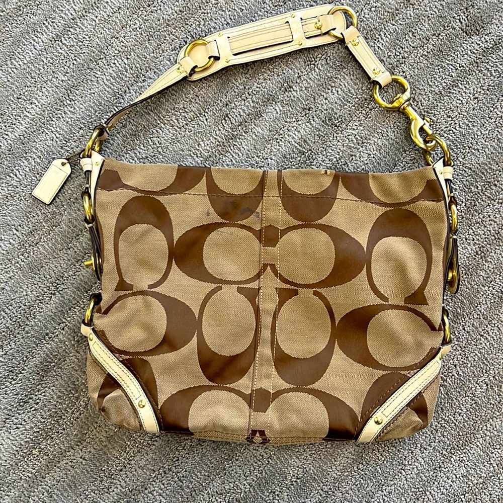Coach Shoulder Bag Large Brown Signature “C”: cream leather strap gold hardware